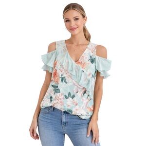 CALVIN KLEIN Women’s Floral Chiffon Blouse XL Ruffle Cold Shoulder V-Neck